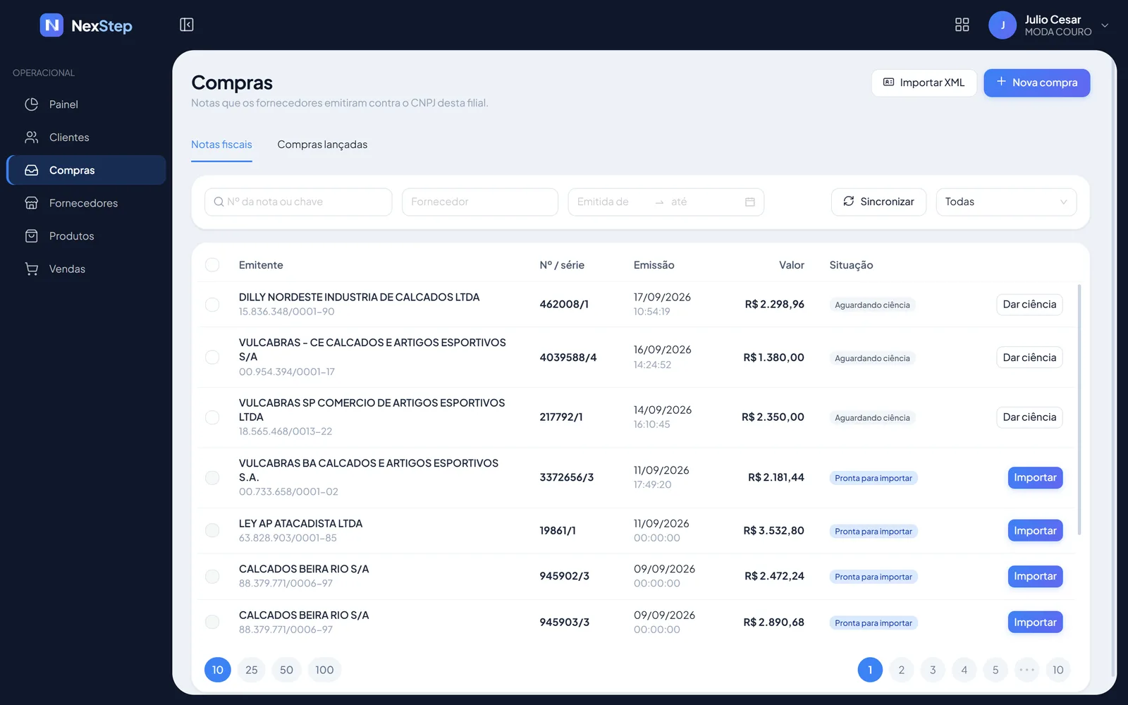 Tela de notas recebidas da SEFAZ no NexStep, com as notas pendentes de lançamento