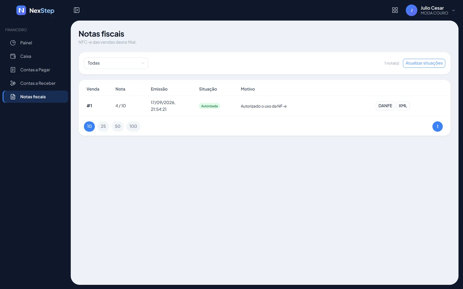 Tela de notas fiscais do NexStep com o status de cada NFC-e emitida